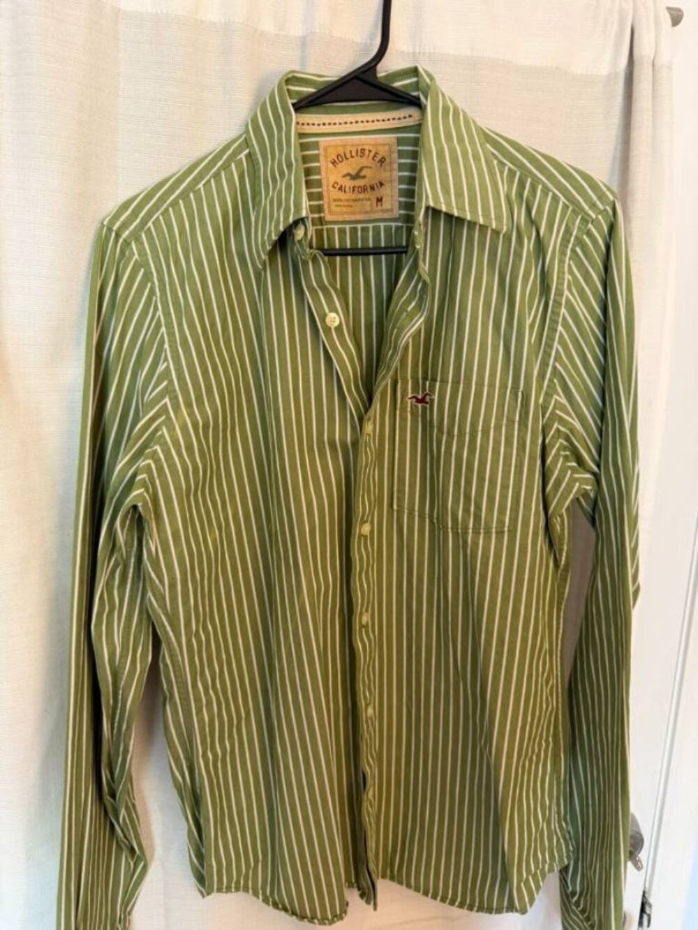 HOLLISTER - Shirt - Medium- Green- w/ White Stripes